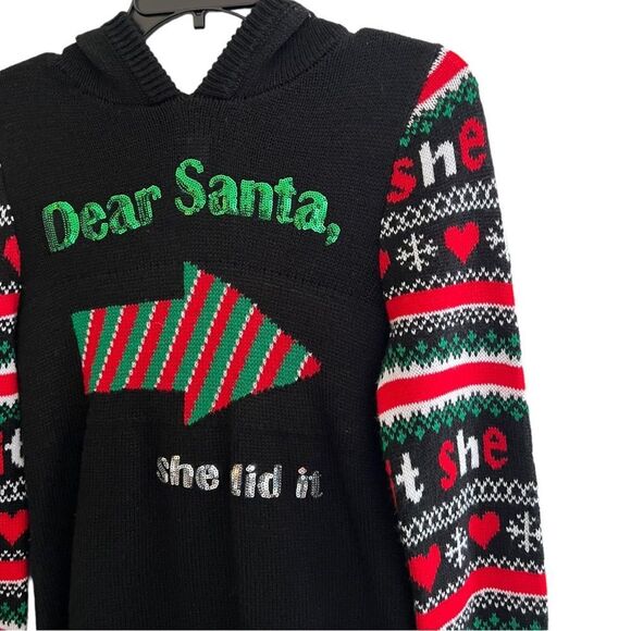 😊 3/$30 “She did it" Dear Santa Sweater WomenSz M ugly Christmas Sweater w/hood - Picture 4 of 10